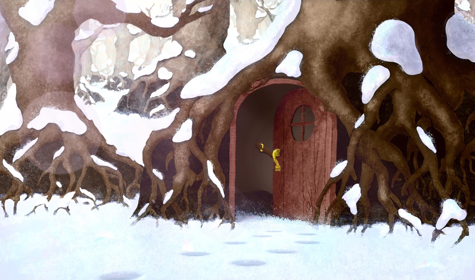 Gangly trees covered in snow. the closest tree has a door hidden in its roots. the door is open and there are round footprints leading away.