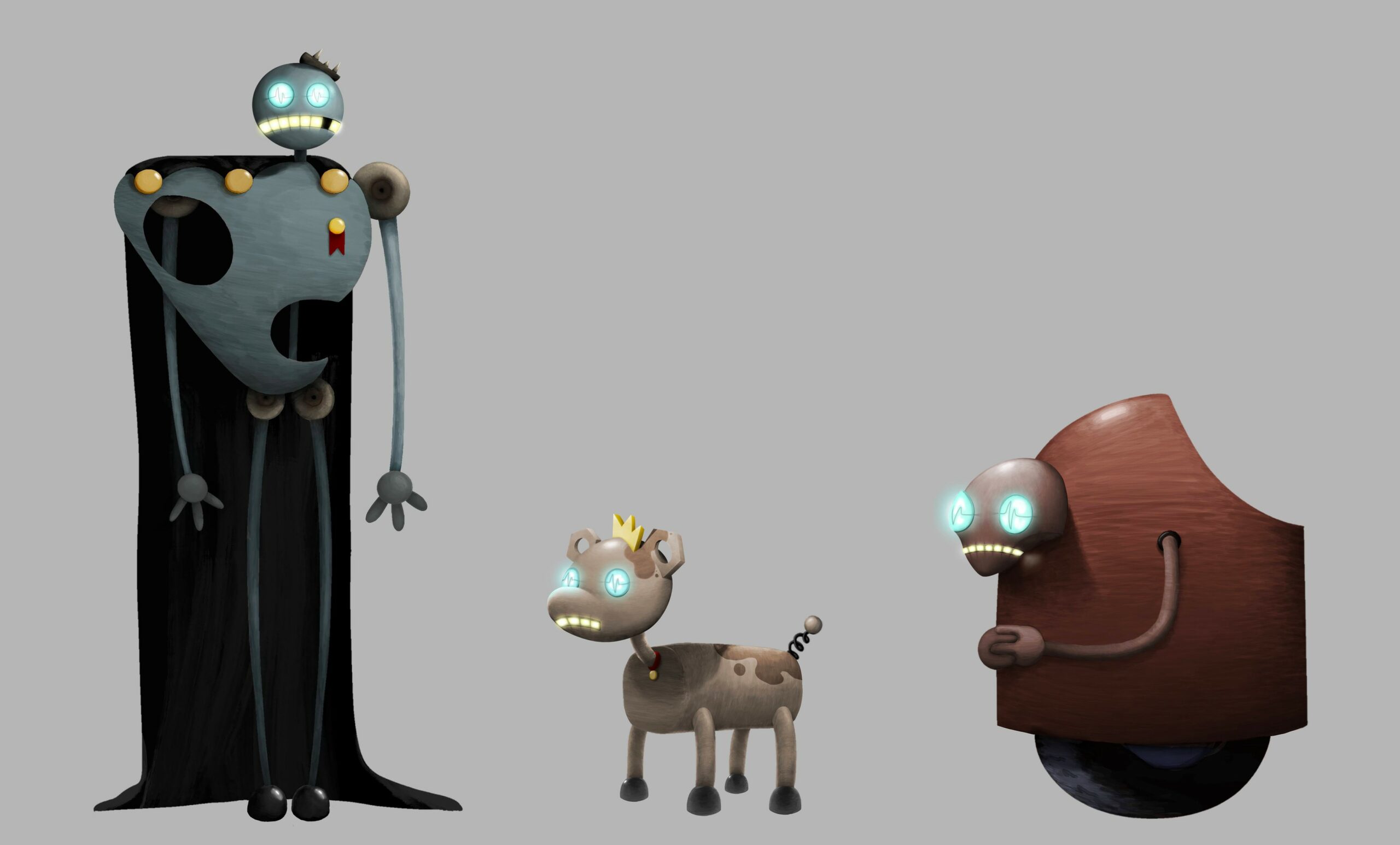 Three robots in colour. From left to right there is a tall blue king, a small brown spotted dog, and a rusty red advisor.